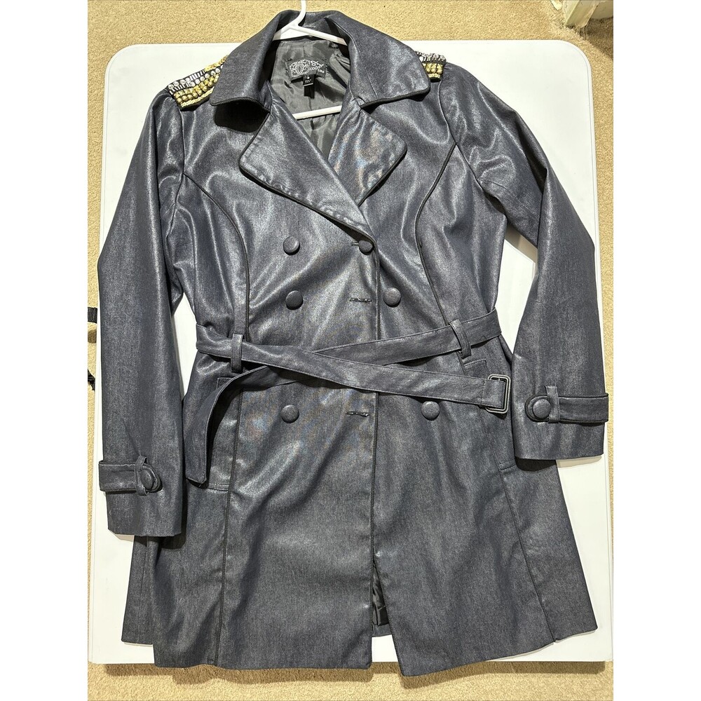 Sharif 187 Couture Women's Embellished Metallic Blue/Black  Trench Coat - Size M